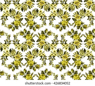 Wallpapers or textile.  Monochromatic yellow circle  bouquet of flowers (roses, chamomile and cornflowers) using traditional Ukrainian embroidery elements. Seamless. Pattern. Can be used as pixel-art.