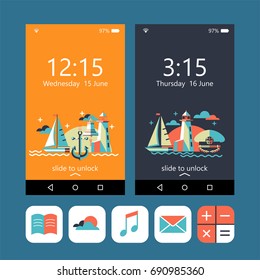 Wallpapers for your phone. Sea voyage on a yacht. The icons set.