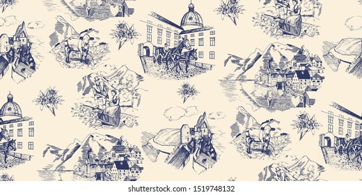 Wallpaper/textile classic half drop pattern in vintage toile de joyu style with motifs of alpine mountains region  in blue: edelweiss flowers, old town scene with carriage and horses, mountain village