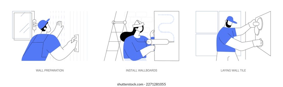 Walls decoration abstract concept vector illustration set. Wall preparation, install wallboards, laying ceramic tiles, room decoration, interior works, construction company service abstract metaphor.