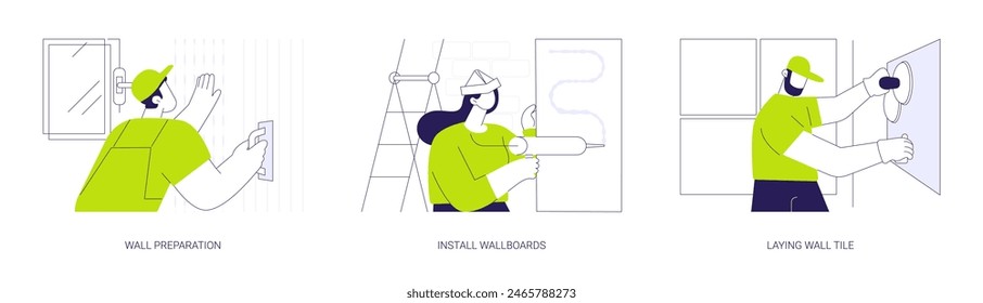 Walls decoration abstract concept vector illustration set. Wall preparation, install wallboards, laying ceramic tiles, room decoration, interior works, construction company service abstract metaphor.