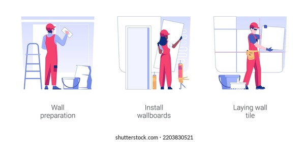 Walls decoration isolated concept vector illustration set. Wall preparation, install wallboards, laying ceramic tiles, room decoration, interior works, construction company service vector cartoon.