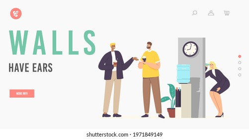 Walls Have Ears Landing Page Template. Curious Office Woman with Cup Spying to Colleagues, Overhearing Information. Eavesdropper Character Listening through Wall. Cartoon People Vector Illustration