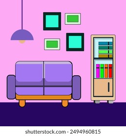 The walls are a light pink color and the floor is a dark blue. There is a purple sofa in the center of the room with a coffee table in front of it  To the right of the sofa is a wooden bookshelf fille