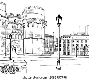 Paredes de una antigua fortaleza en Valencia. Valencia, Cataluña, España. Paisaje urbano. Esbozo urbano. Estilo de tinta dibujado a mano. Ilustración en línea de vectores en blanco y negro.