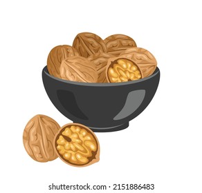 Nuez en tazón negro aislada en blanco. Ilustración plana vectorial de las tuercas. Icono de comida orgánica.