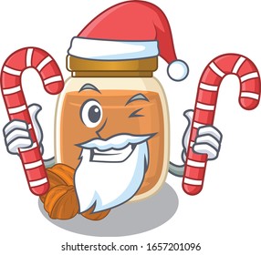 Walnut butter Cartoon character wearing Santa costume bringing a candy