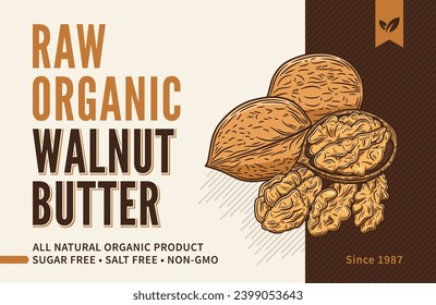 Etiqueta de mantequilla de nueces o plantilla de diseño de embalaje. Ilustración de nogal vectorial