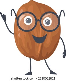 Walnut character in glasses. Smart healthy nutrition mascot isolated on white background