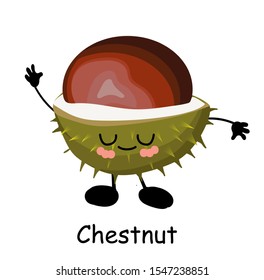 Walnut chestnut. Prickly nut. Vector illustration. Walnut character isolated on white background.