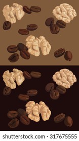 Walnut and coffee on a brown background