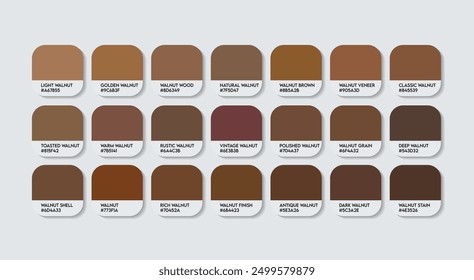 Walnut Color Palette, Walnut Color Guide Palette with Color Names. Catalog Samples of the Brown with RGB HEX codes and Names. Wood Color Palette Vector, Water-based Colors, and Fashion Trend colors