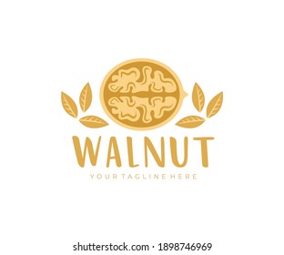 Walnut, cracked walnut, walnuts kernels, logo design. Nut, food, plant and leaves, vector design and illustration