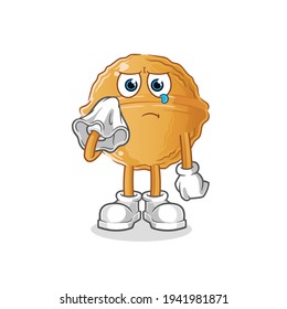 walnut cry with a tissue  character. cartoon mascot vector