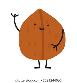 Walnut pequeno personagem bonito. Desenho plano desenhado à mão. Ilustração vetorial sobre fundo branco.