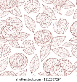 Walnut. Fruit, leaves. Background, wallpaper, seamless. Sketch. Monochrome.