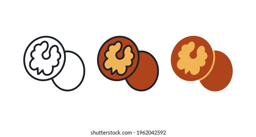 Walnut icon. Linear color flat icons of nuts, contour, shape, outline isolated on white. Thin line. Modern design. Vector set. Healthy food and vitamins