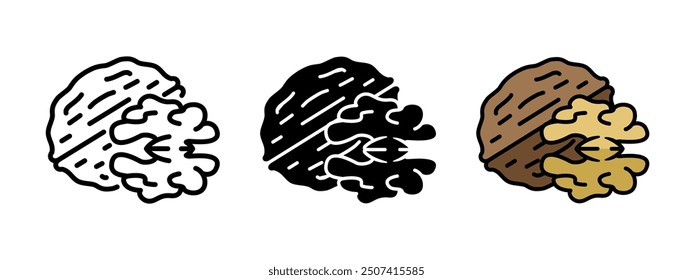 Walnut icon. Walnut seed vector illustration. Raw nutshell with kernel symbol. Brown nut fruit snack sign. Healthy nourishment pictogram. Rich source of protein isolated concept. Organic food icon.