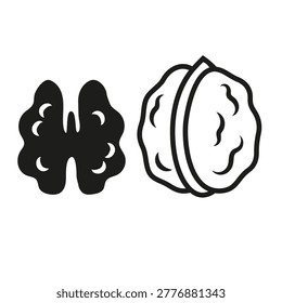 Walnut icon set with outline and solid black styles, simple vegetable symbol collection isolated on white background for food design