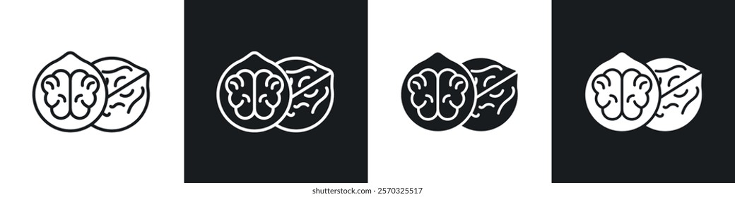 Walnut icons vectors set in black. line and flat versions