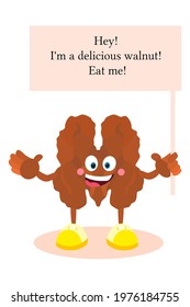 Walnut kernel cartoon. Walnut with face, arms and legs. Food is like a smiley for children.