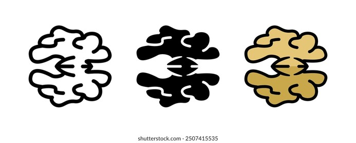 Icono de nuez. Ilustración vectorial de semillas de nuez. Símbolo del núcleo de la cáscara de nuez. Signo de tuerca cerebral. Pictograma de bocadillo crudo. Concepto aislado de nutrición saludable.