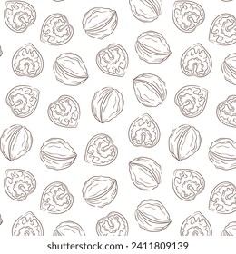 Walnut line art style seamless pattern. Hand drawn nuts illustration for print, fabric, textile, wrapping, menu, food store. Vector illustration on a white background.