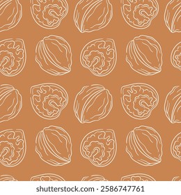 Walnut line art style seamless pattern on brown background. Hand drawn nut illustration for wrapping, fabric, textile, card, menu, food store.