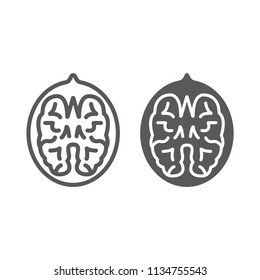 Walnut line and glyph icon, vegetable and nut, vegetarian sign, vector graphics, a linear pattern on a white background, eps 10.