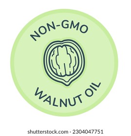 Walnut oil, isolated non gmo product, ingredient for cooking and dressing dishes. Tasty dieting organic component.Promotional banner or logotype, logo or label, emblem for package. Vector in flat 