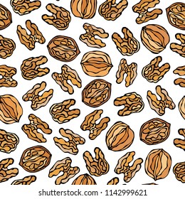 Walnut Seamless Endless Pattern. Whole and Peeled Walnuts. Autumn or Fall Harvest Collection. Realistic Hand Drawn High Quality Vector Illustration. Doodle Style.