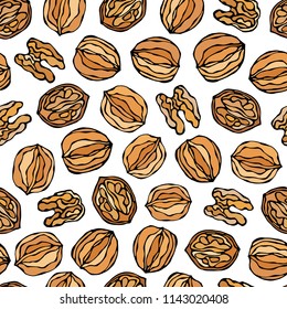 Walnut Seamless Endless Pattern. Whole and Peeled Walnuts. Autumn or Fall Harvest Collection. Realistic Hand Drawn High Quality Vector Illustration. Doodle Style.