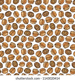 Walnut Seamless Endless Pattern. Whole and Peeled Walnuts. Autumn or Fall Harvest Collection. Realistic Hand Drawn High Quality Vector Illustration. Doodle Style.