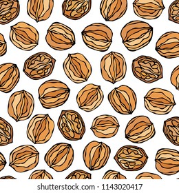 Walnut Seamless Endless Pattern. Whole and Peeled Walnuts. Autumn or Fall Harvest Collection. Realistic Hand Drawn High Quality Vector Illustration. Doodle Style.