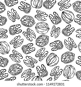 Walnut Seamless Endless Pattern. Whole and Peeled Walnuts. Autumn or Fall Harvest Collection. Realistic Hand Drawn High Quality Vector Illustration. Doodle Style.