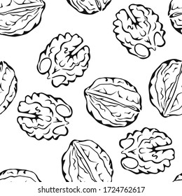 Walnut seamless pattern. Black-white outline illustration. Vector monochrome silhouettes of nuts. Food  simple background.