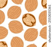 Walnut Seamless Pattern. Nuts on White Background. Vegan and Healthy Food Backdrop.