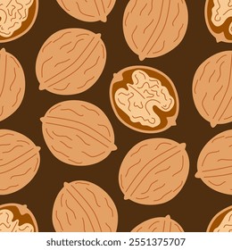 Walnut Seamless Pattern. Nuts on Brown Background. Vegan and Healthy Food Backdrop.