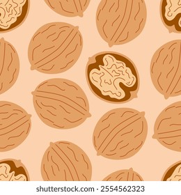 Walnut Seamless Pattern. Nuts on Beige Background. Vegan and Healthy Food Backdrop.