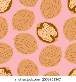 Walnut Seamless Pattern. Nuts on Pink Background. Vegan and Healthy Food Backdrop.