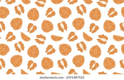 Walnut seamless pattern. Nuts and seeds background design. Vegan food ingredients. Vector illustration