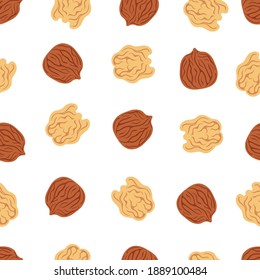 walnut seamless pattern on white background, vector illustration of nuts in cartoon simple flat style