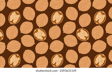 Walnut seamless pattern. Peeled and unpeeled nuts on brown background. Whole fruits with kernel. Cartoon vector flat wallpaper.