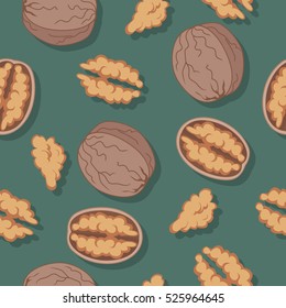 Walnut seamless pattern. Ripe walnut kernels in flat. Walnut on a dark green background. Several walnut kernels. Healthy vegetarian food. Vector illustration