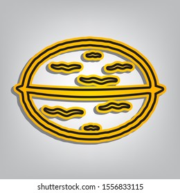 Walnut in shell sign. Flat orange icon with overlapping linear black icon with gray shadow at whitish background. Illustration.