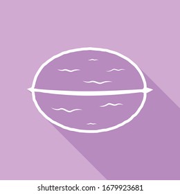 Walnut in shell sign. White Icon with long shadow at purple background. Illustration.