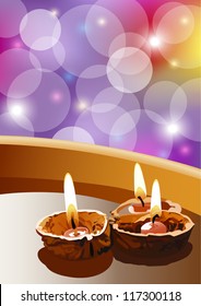 Walnut Shells with Lit up Candles Floating in a Bowl of Water. It is Czech christmas tradition. Christmas scenery. Christmas candles floating of water. Small candles. Burning christmas candle floating
