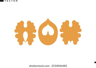 Walnut silhouette. Nut icon set. Natural food vector. Organic fruit sign. Vegan food. Isolated walnut on white background. Vector illustration EPS