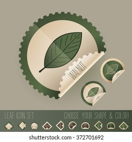 walnut tree leaf icon set in stamp shape, with colors and shapes to choose