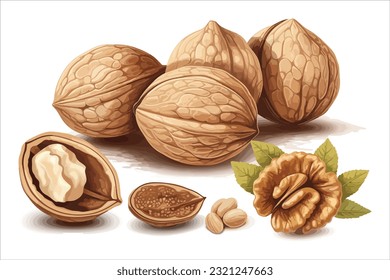 Walnut vector art painting illustration. Walnut with green leaves. A nut in a shell. Tasty and healthy food